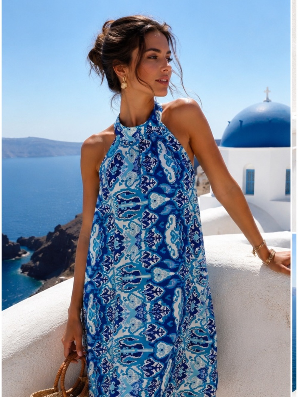 Eva Collection Santorini Greece Silk Blend Halter Shift Dress M